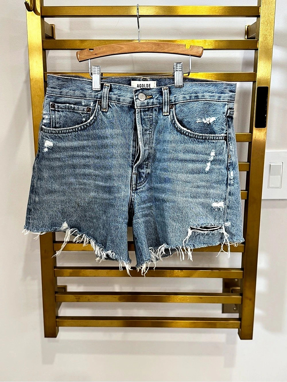 AGOLDE Parker Vintage Cut Off Short Distressed Denim Jean Shorts in Blue Waist
